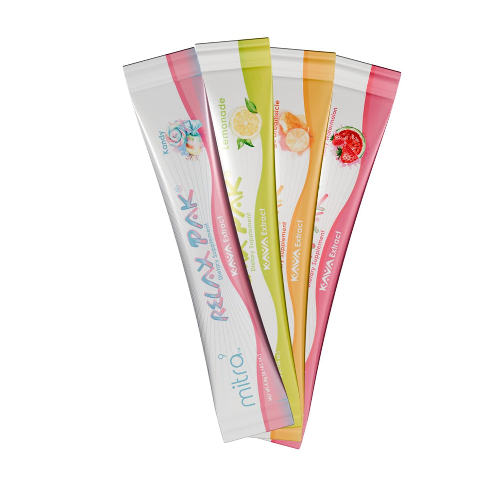 Mitra9 Kava Drink Mix stick pack close-up, perfect for on-the-go calm.