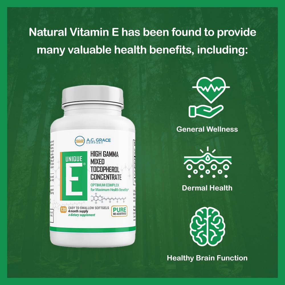 Front packaging of UNIQUE E mixed tocopherols highlights gamma and delta tocopherols.
