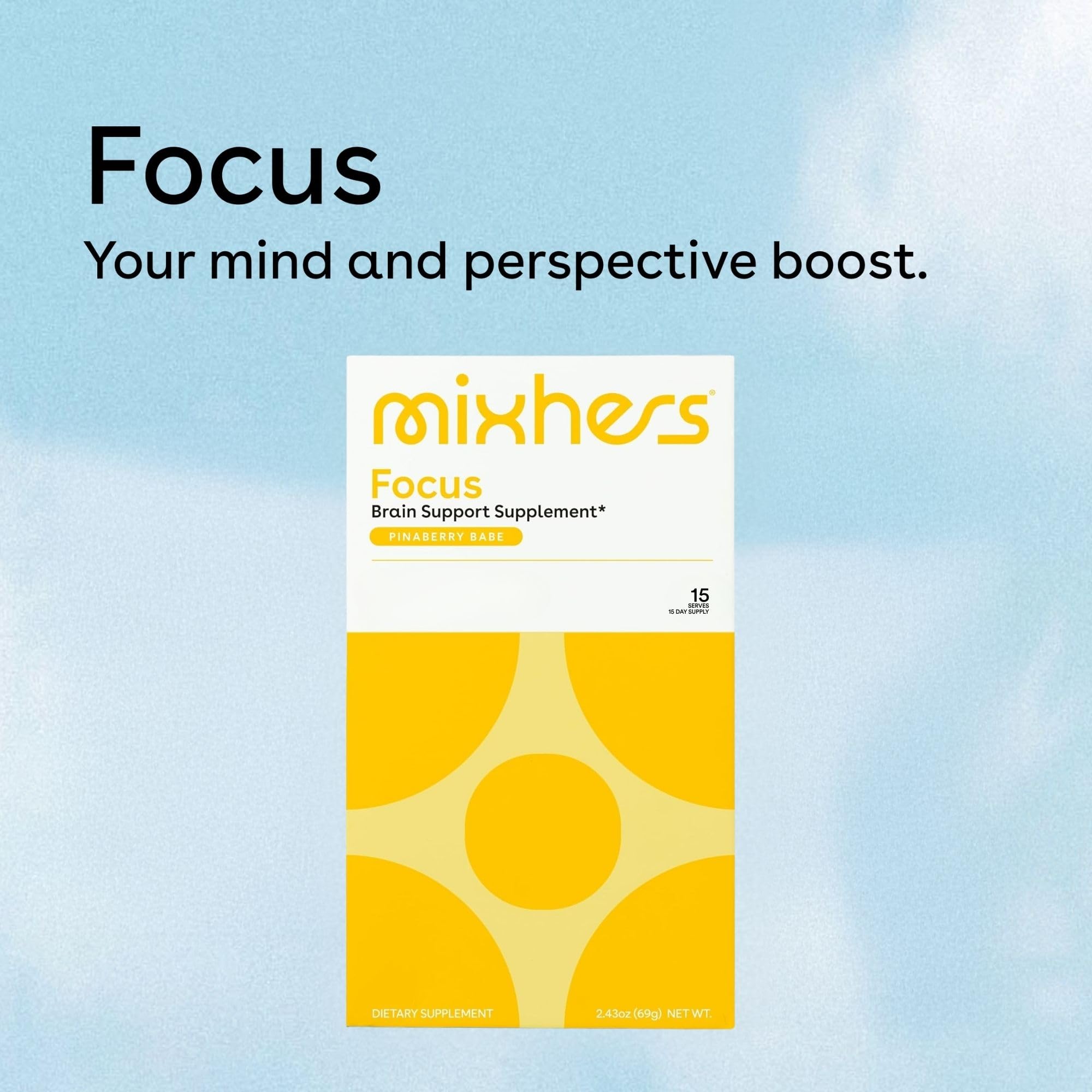 Mixhers Focus close-up shows L-theanine and ingredients for calm focus.