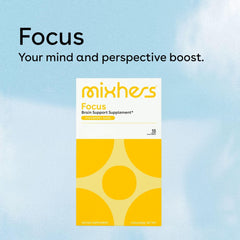 Mixhers Focus close-up shows L-theanine and ingredients for calm focus.