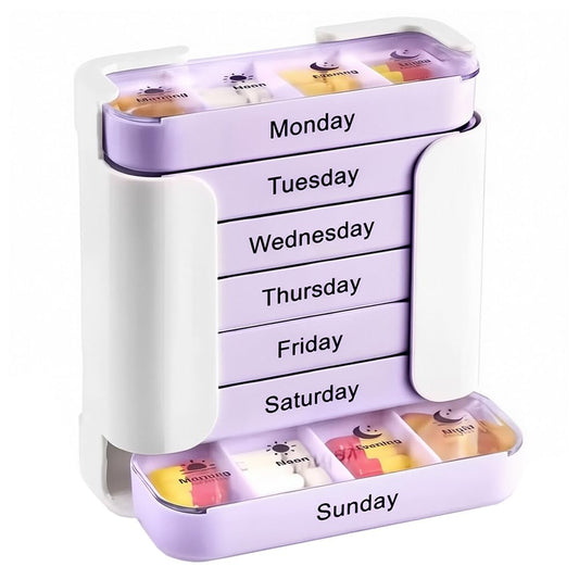 MixPurple 7-day organizer with clear lid for quick dose verification
