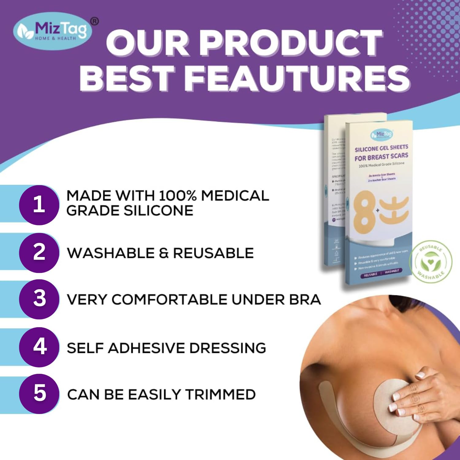 Miztag Breast Scar Tape reusable and washable for multiple uses.