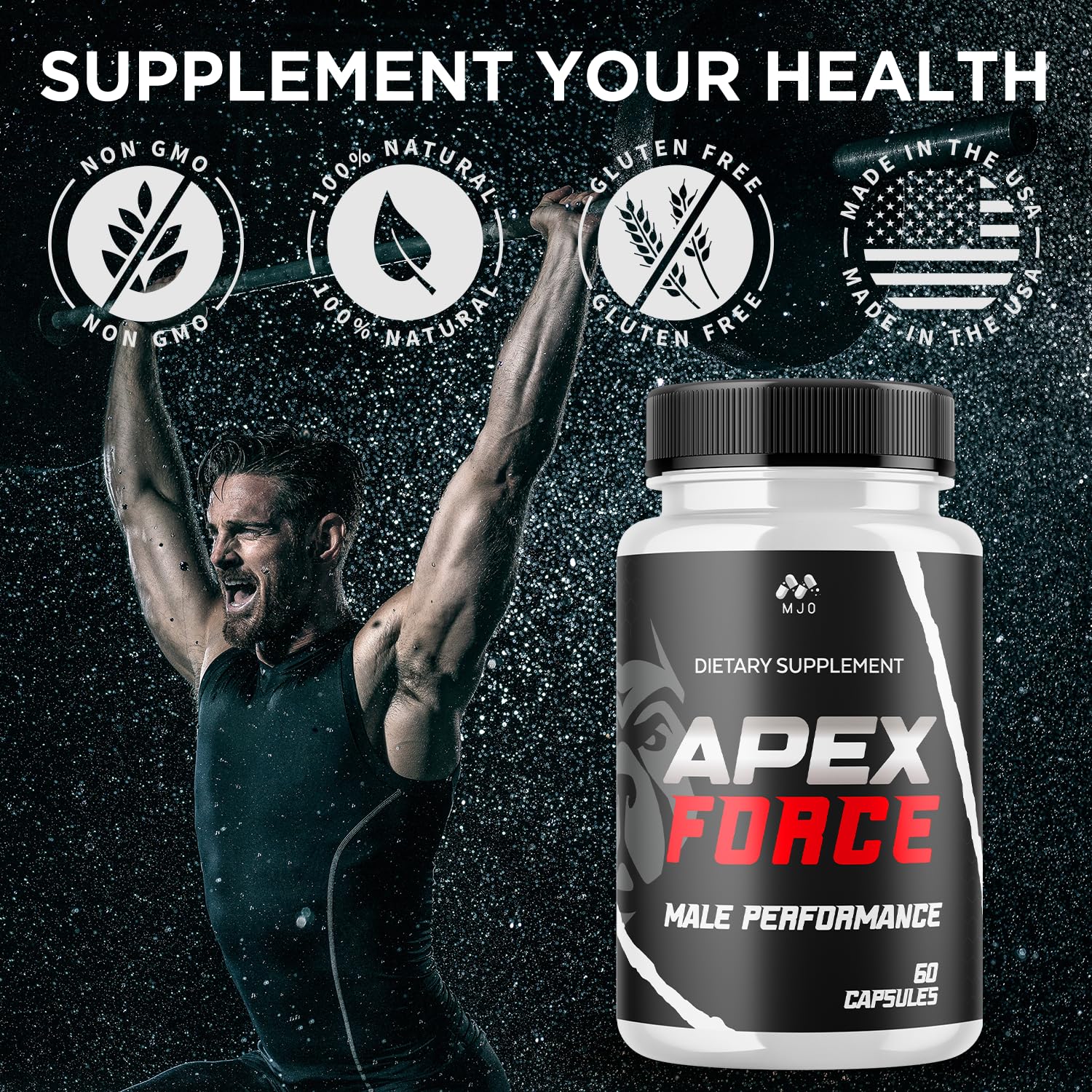 MJO Apex Force Capsules close-up texture emphasizing all natural formula and quality