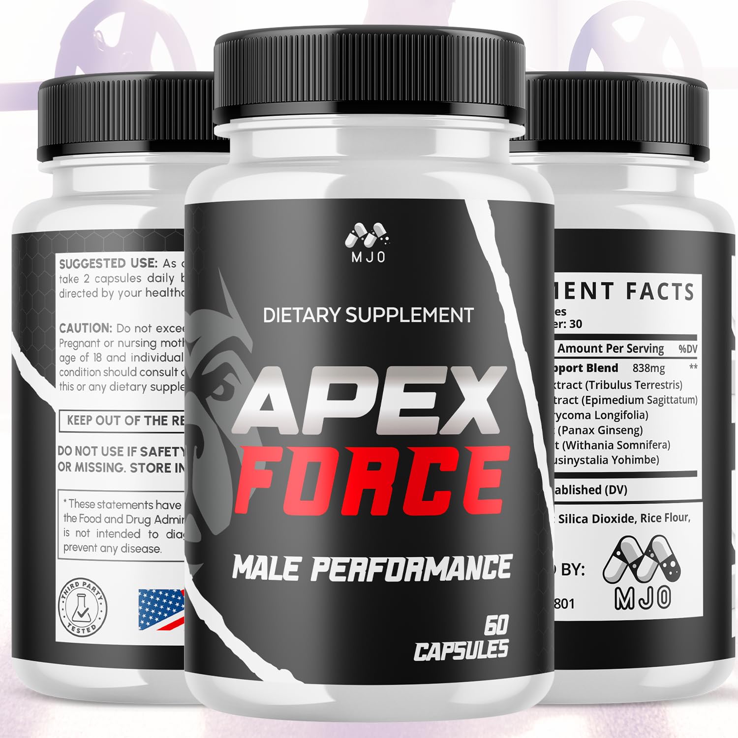 MJO Apex Force Capsules ingredient close-up highlighting all natural vitamins for vitality