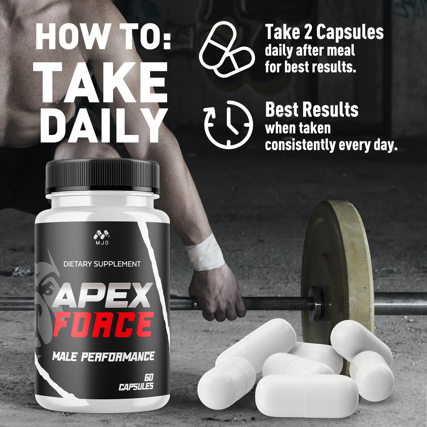 MJO Apex Force Capsules packaging box conveying trust and clear ingredient transparency