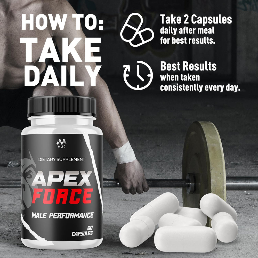 MJO Apex Force Capsules packaging box conveying trust and clear ingredient transparency