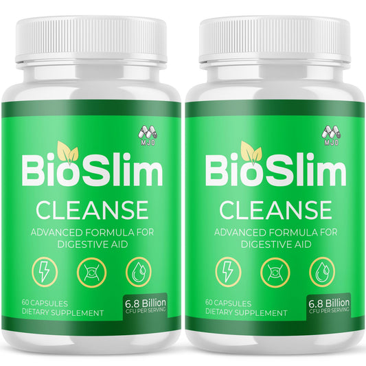 MJO Bioslim Cleanse bottle front highlights an all-natural wellness routine.