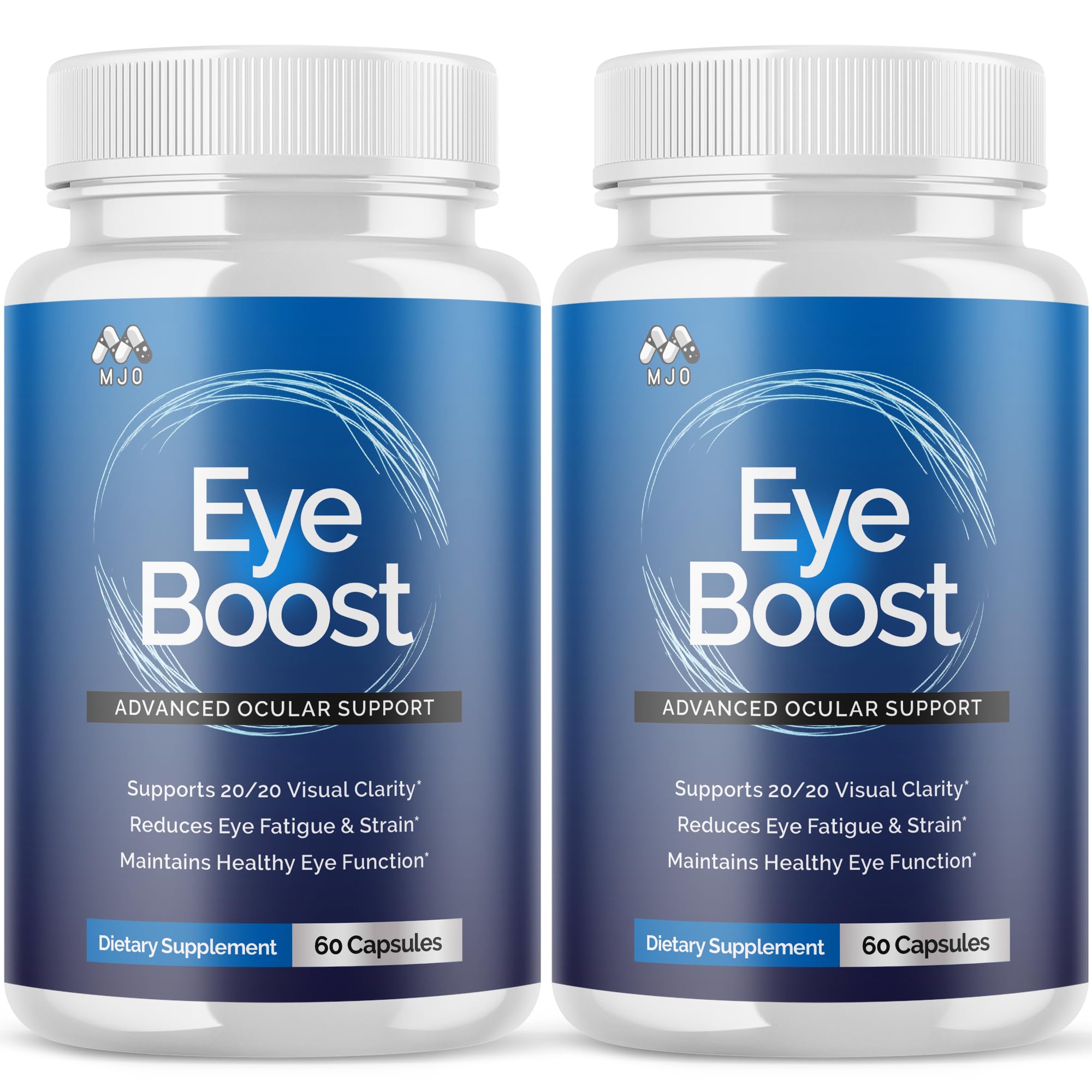 MJO Eye Boost capsules in bottle front view for daily eye wellness support.