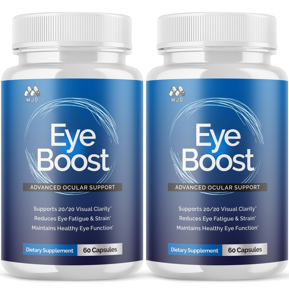MJO Eye Boost capsules in bottle front view for daily eye wellness support.