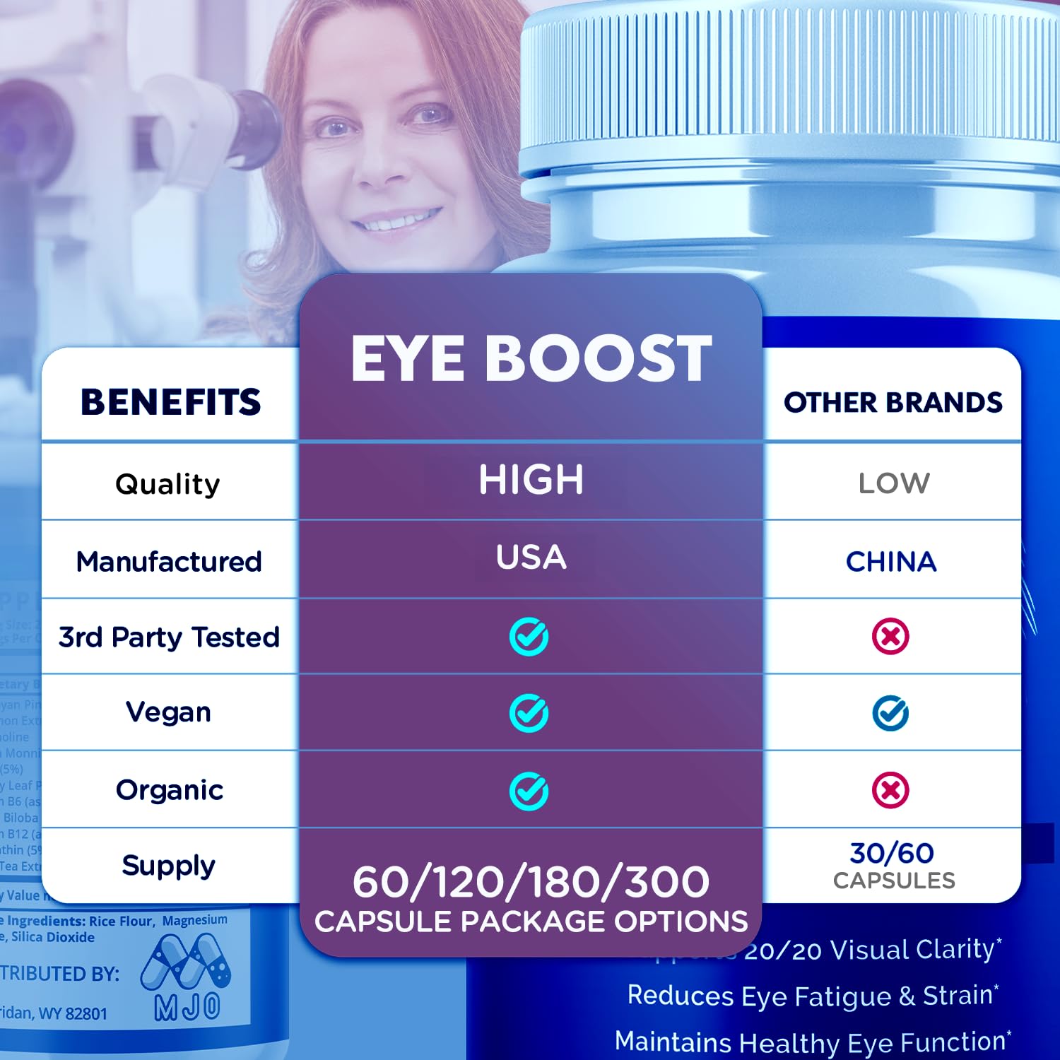 MJO Eye Boost label close-up highlights natural ingredients.