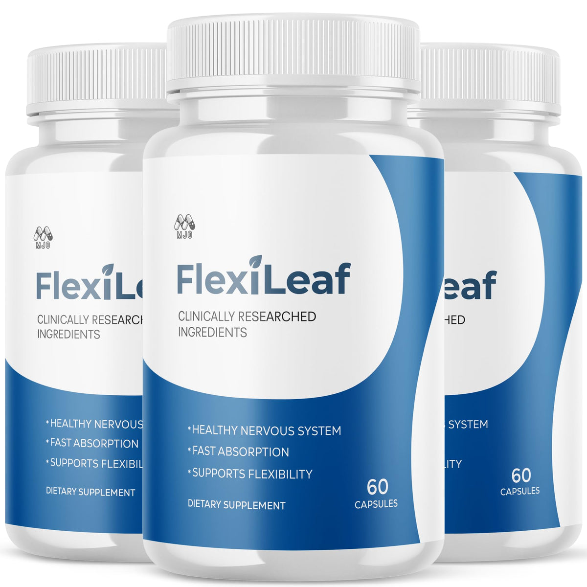 MJO Flexileaf bottle front shows label and branding for daily wellness.
