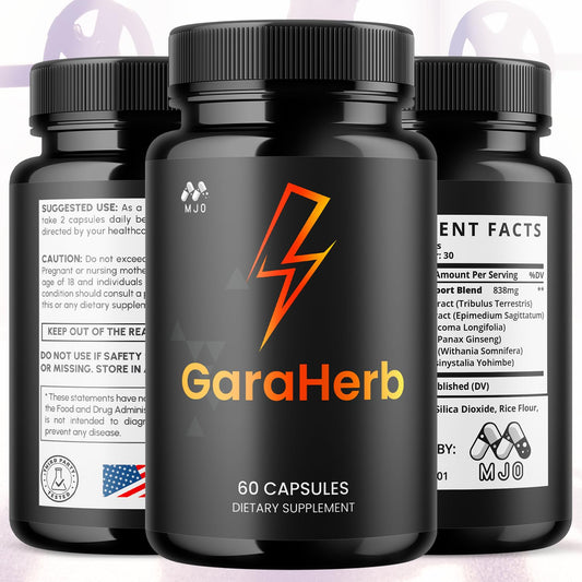 MJO GaraHerb capsules bottle back showing ingredients and usage guidance for everyday use.