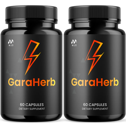 MJO GaraHerb capsules bottle front highlighting all-natural wellness features for daily vitality.