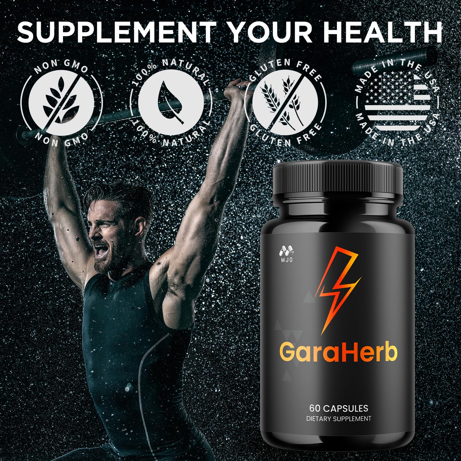 Wellness scene with MJO GaraHerb capsules on a clean surface.
