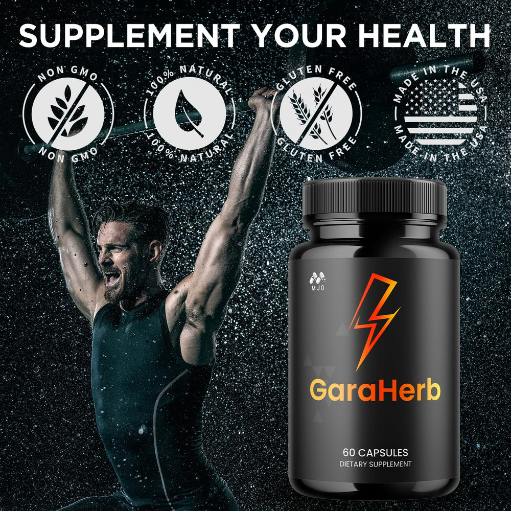 Wellness scene with MJO GaraHerb capsules on a clean surface.