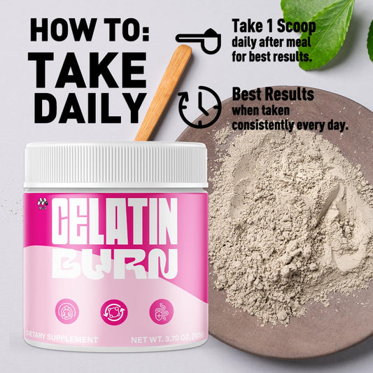 MJO Gelatin Burn Powder bottle with 90 servings highlights convenient monthly supply.
