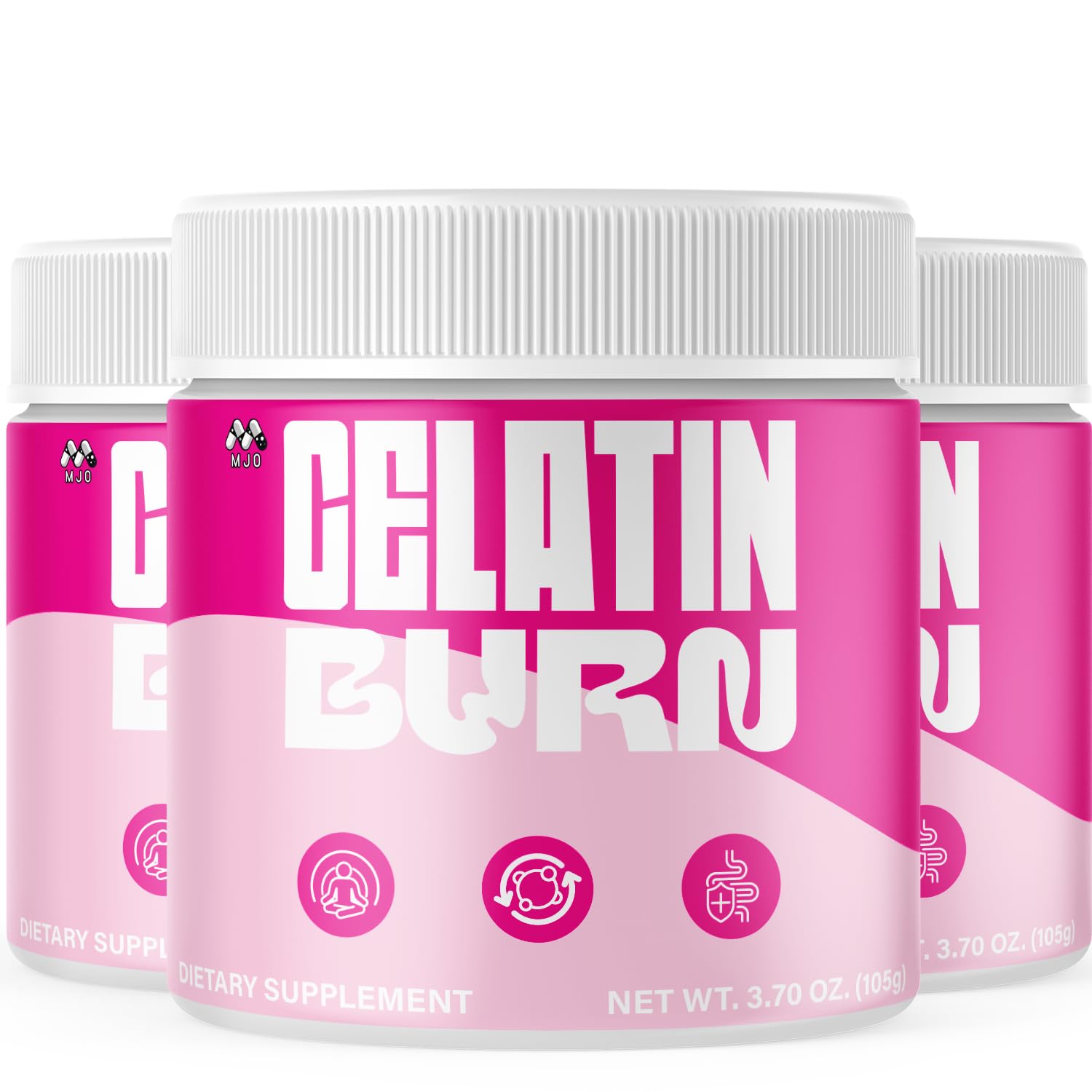 MJO Gelatin Burn Powder packaging front shows official branding for daily use.
