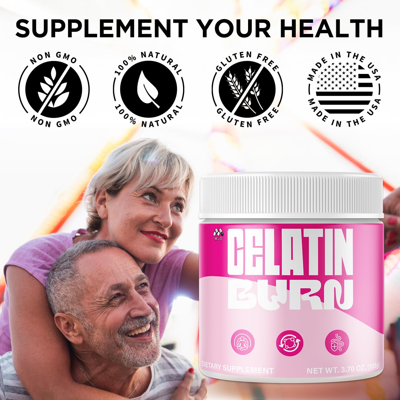 MJO Gelatin Burn Powder serving scoop shown for easy daily dosing.