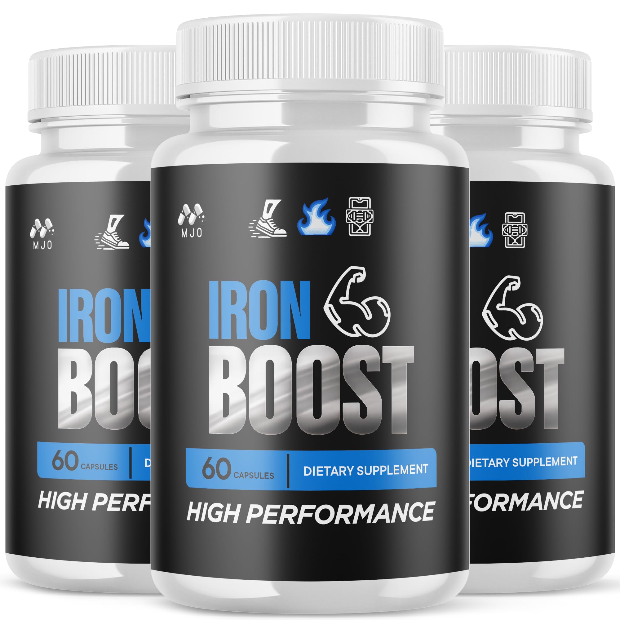 MJO IronBoost capsules bottle front showing natural supplement for active men