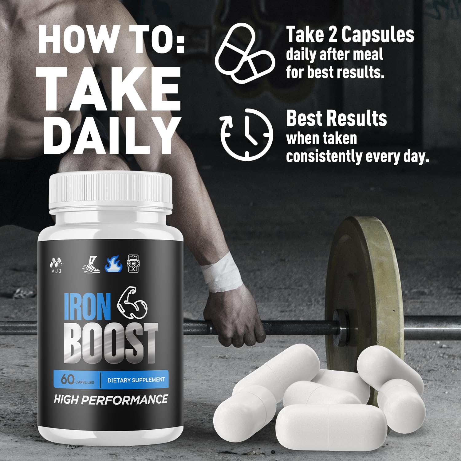 MJO IronBoost capsules close-up showing small coated pills