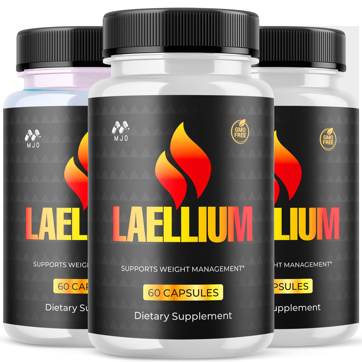 MJO Laellium Pills bottle with label signaling all-natural energy support.