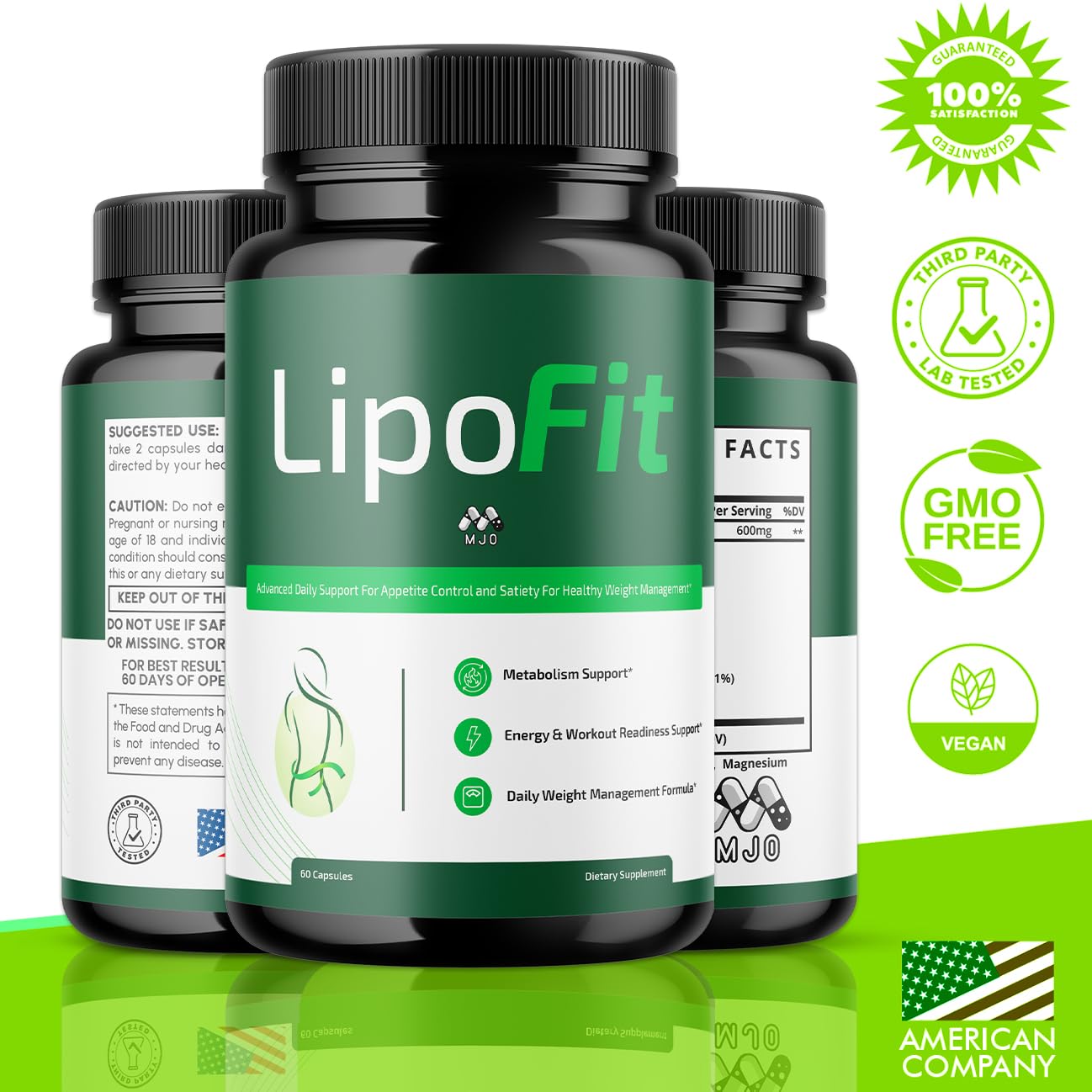 MJO Lipo Fit Capsules label closeup showing all-natural formula