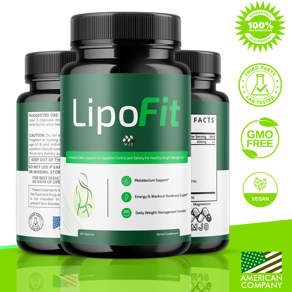 MJO Lipo Fit Capsules label closeup showing all-natural formula