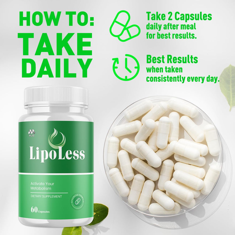 MJO Lipoless serving size illustrates 30 servings per bottle for monthly use