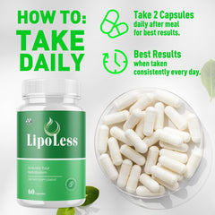 MJO Lipoless serving size illustrates 30 servings per bottle for monthly use