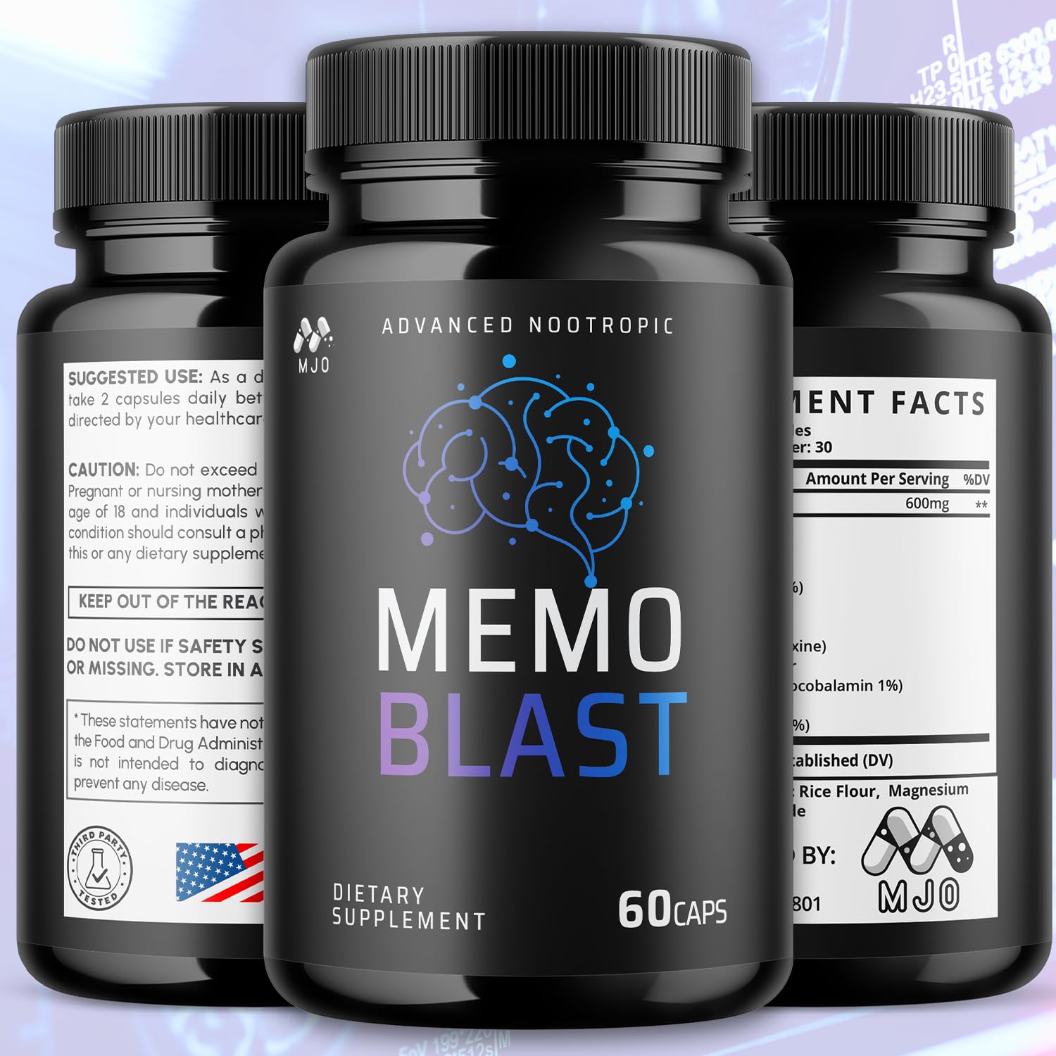 MJO Memo Blast bottle label close-up highlighting all-natural ingredients