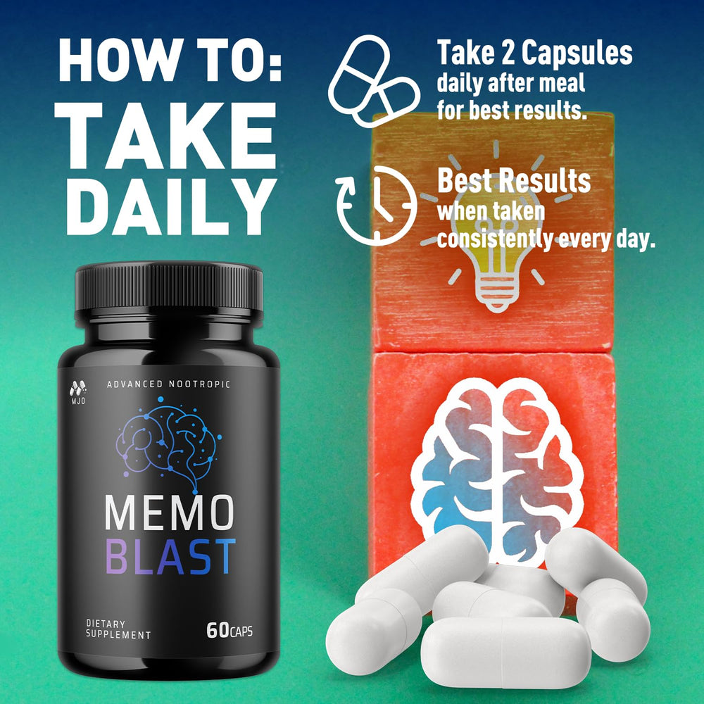 MJO Memo Blast bottle with glass suggesting daily routine