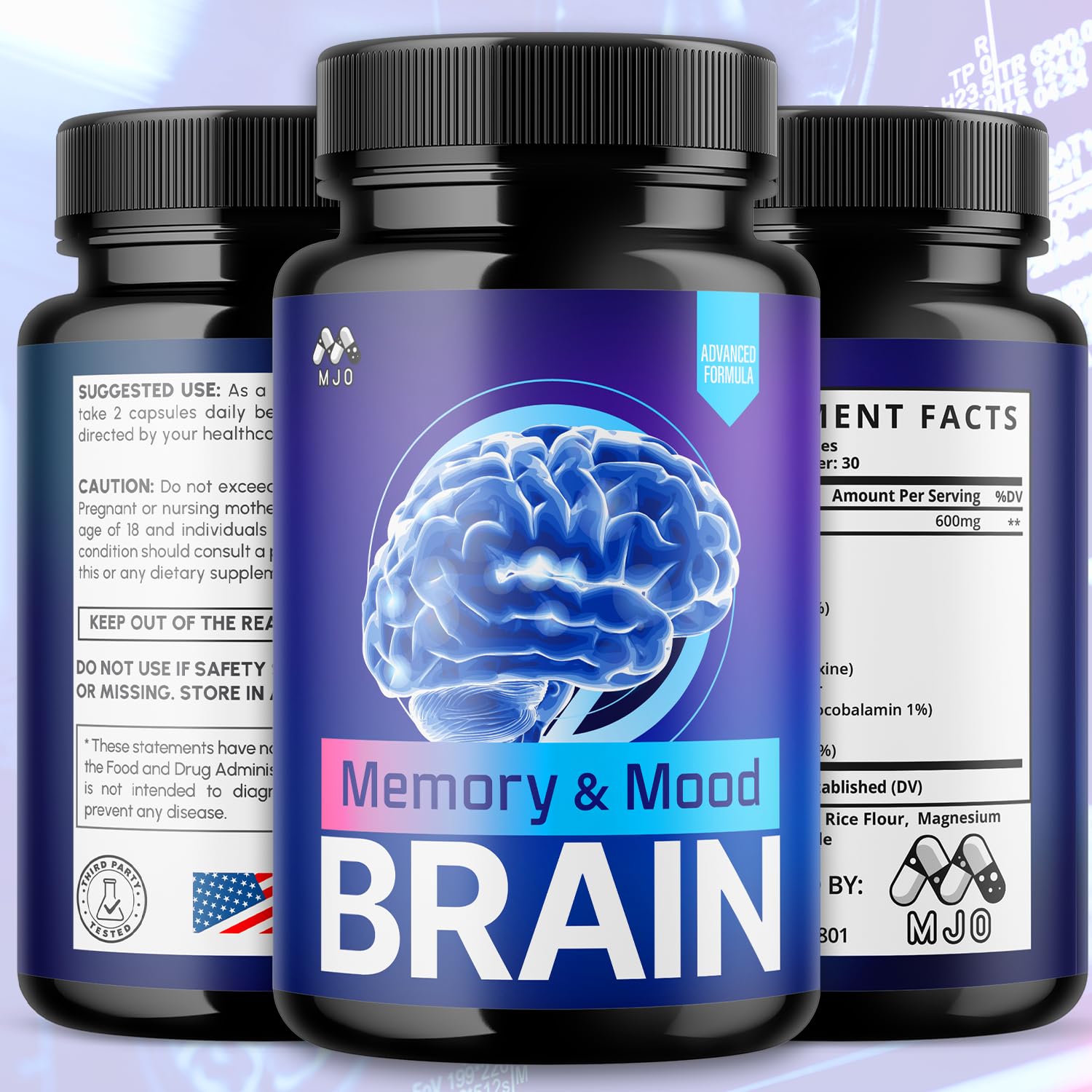 MJO Memory and Mood Brain Capsules bottle close-up highlighting premium all-natural ingredients.