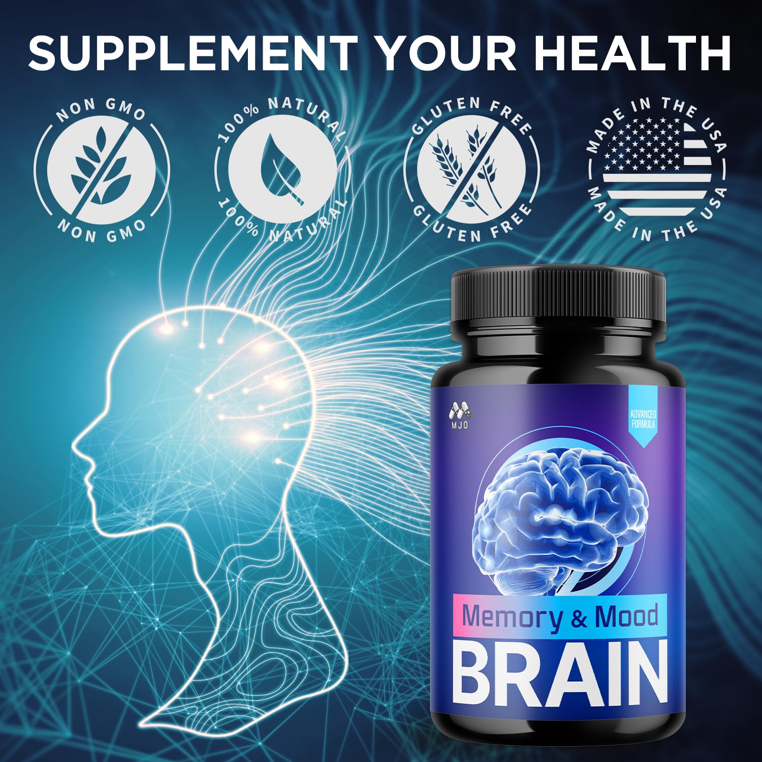 MJO Memory and Mood Brain Capsules pouring capsules into a glass.