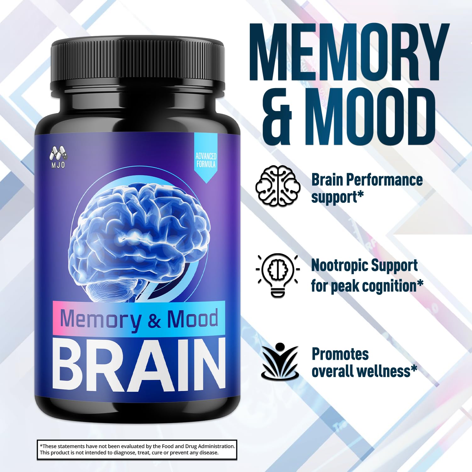 MJO Memory and Mood Brain Capsules tablets arranged on table.