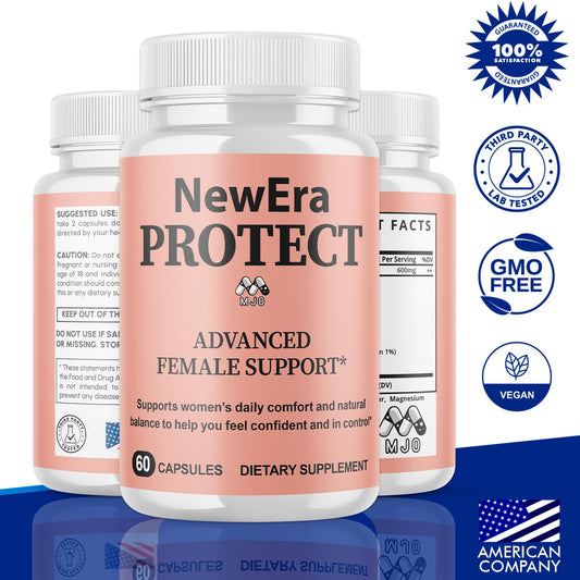 MJO New Era Protect capsules bottle close-up emphasizing all-natural ingredients