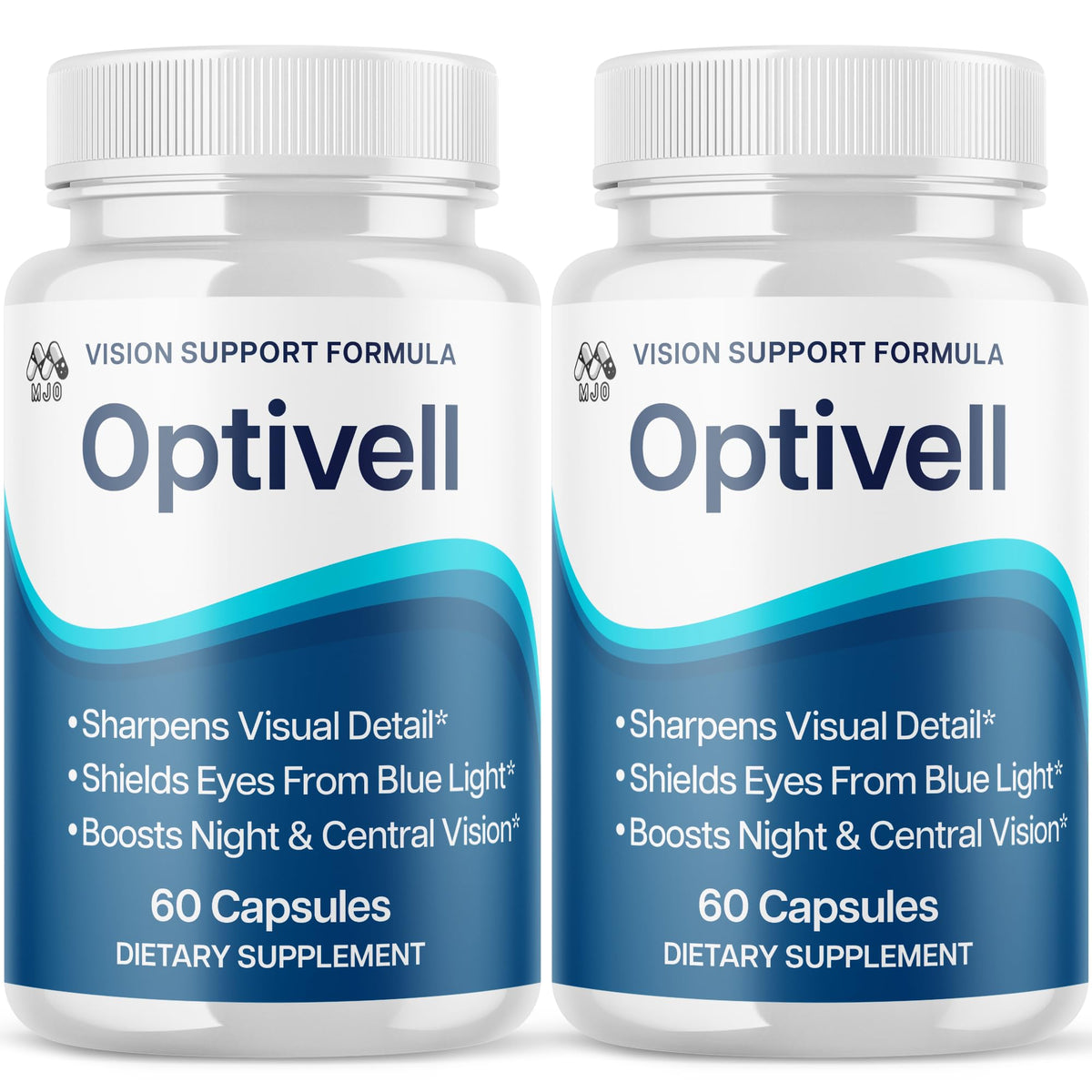 MJO Optivell Eye Capsules bottle front shows all-natural ingredients for daily eye wellness