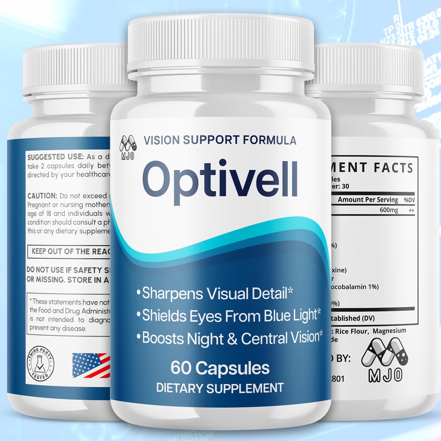 Close-up of MJO Optivell Eye Capsules emphasizing natural ingredients for eye wellness.