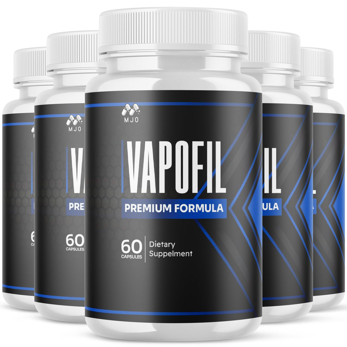 MJO Vapofil capsules bottle front with gluten-free, all-natural formula highlighted.
