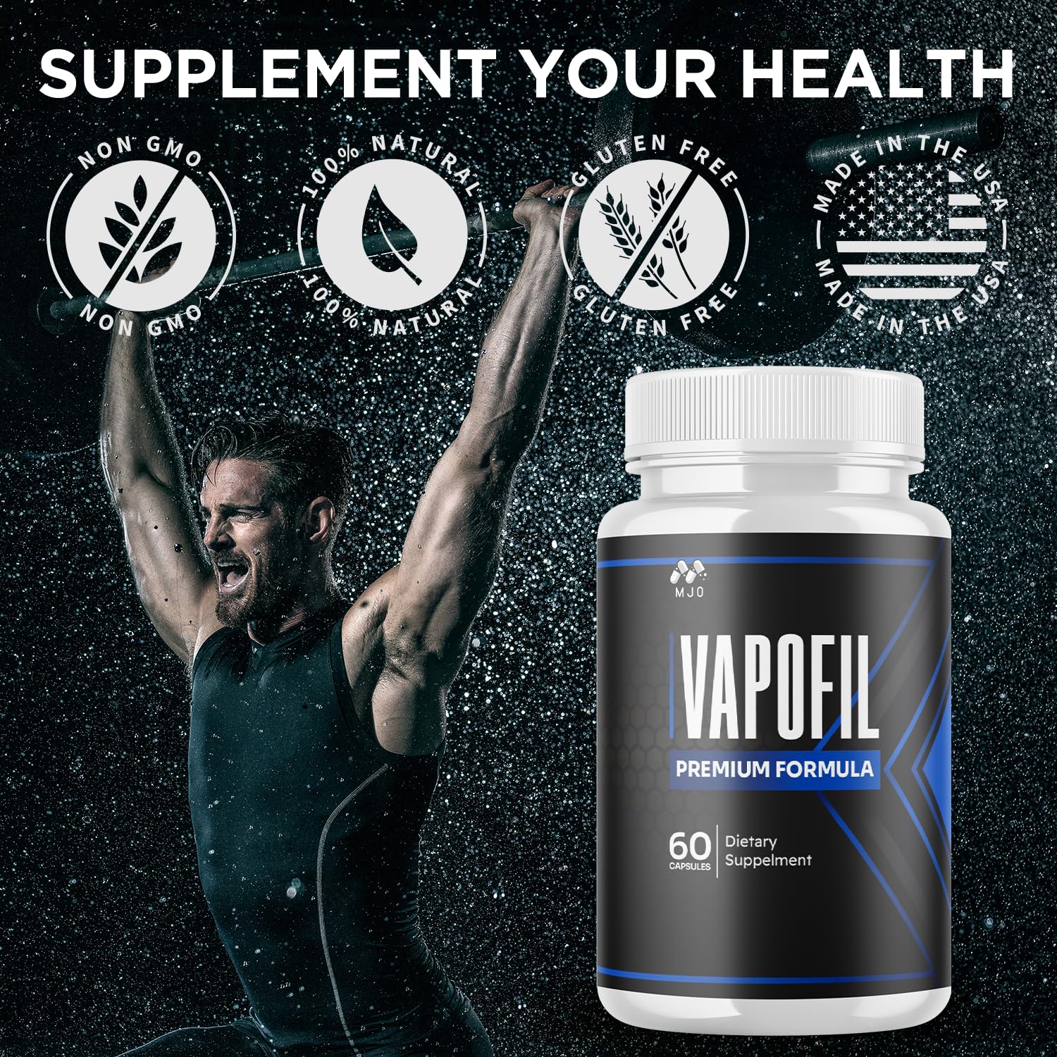 MJO Vapofil gluten-free seal visible for gluten-sensitive shoppers.
