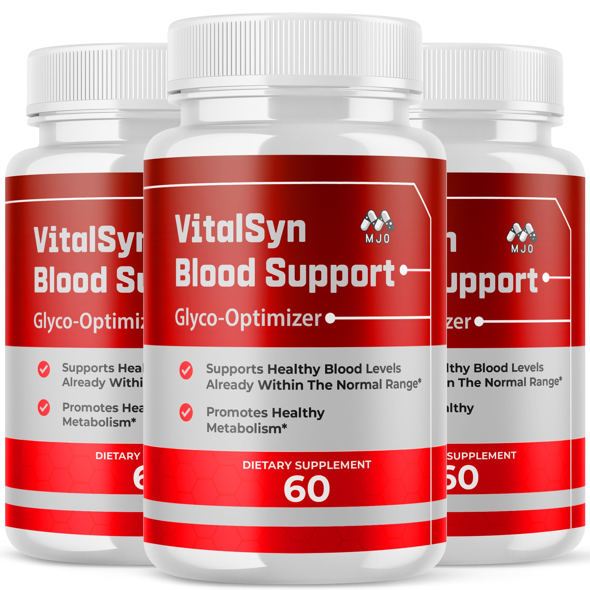MJO Vitalsyn capsules bottle close-up with natural ingredients label for daily wellness.