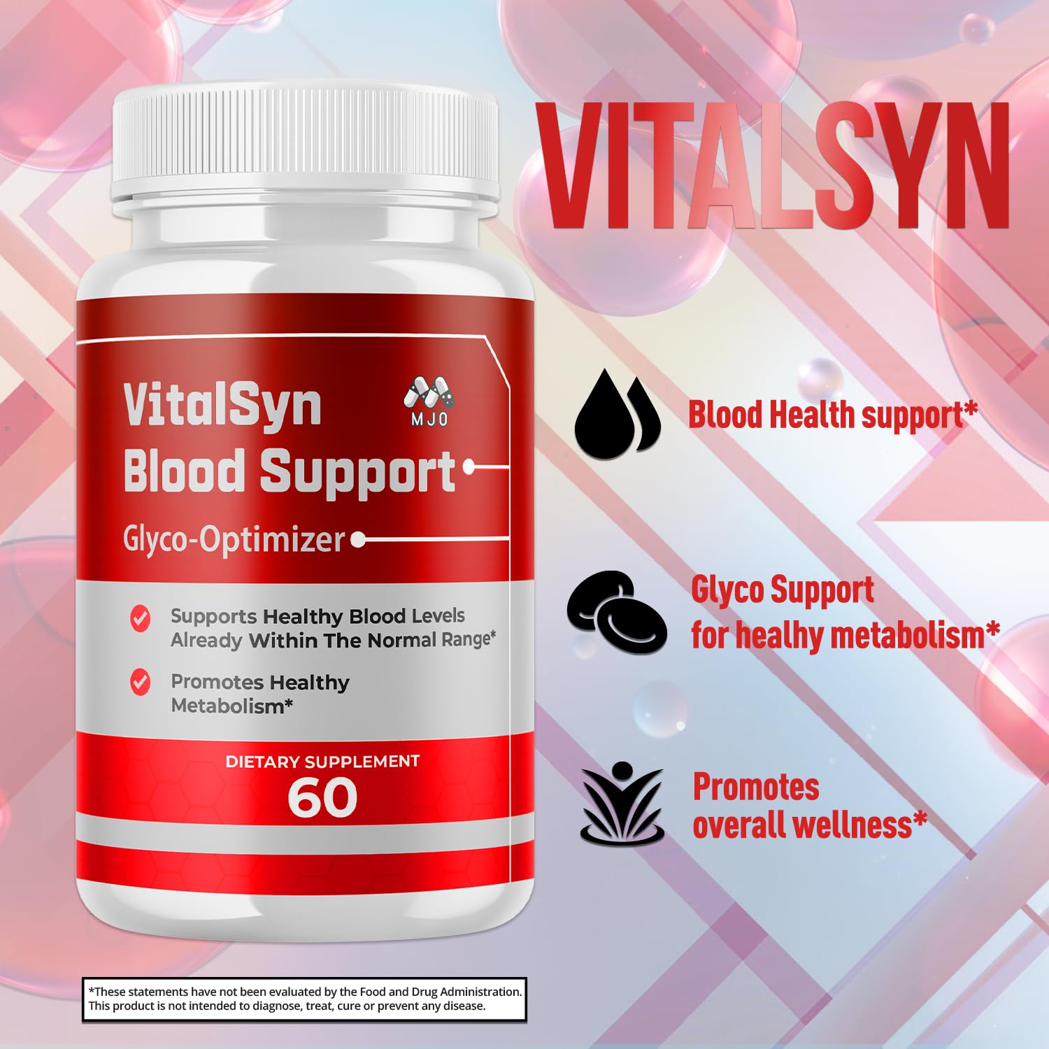 MJO Vitalsyn packaging box highlighting all-natural formula and daily convenience.