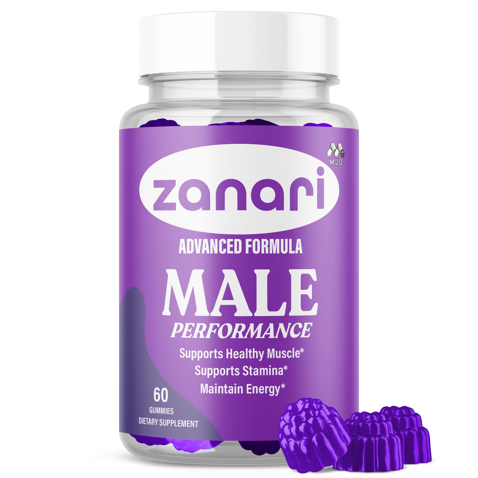 MJO Zanari Gummies bottle front showing all-natural ingredients for daily wellness