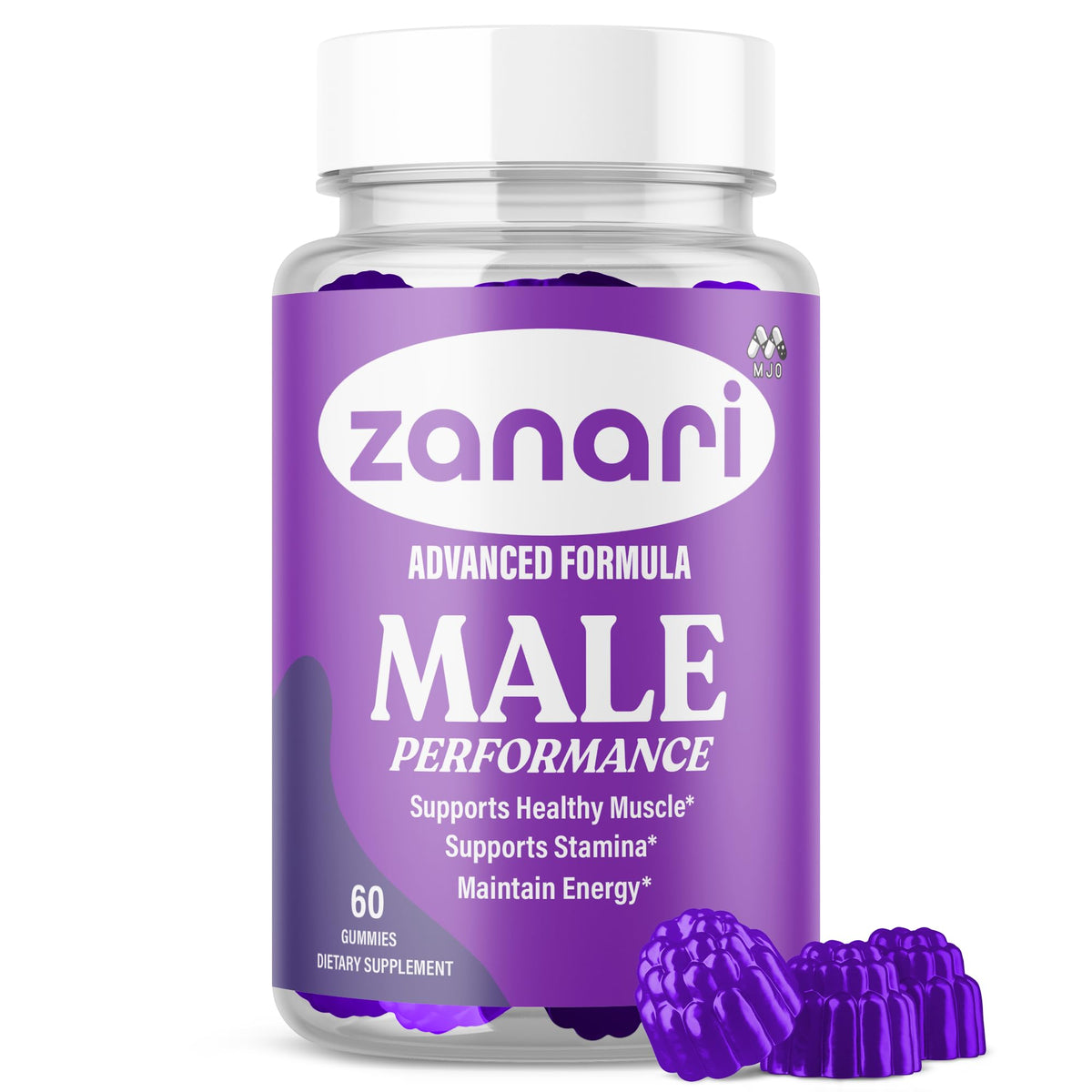 MJO Zanari Gummies bottle front showing all-natural ingredients for daily wellness