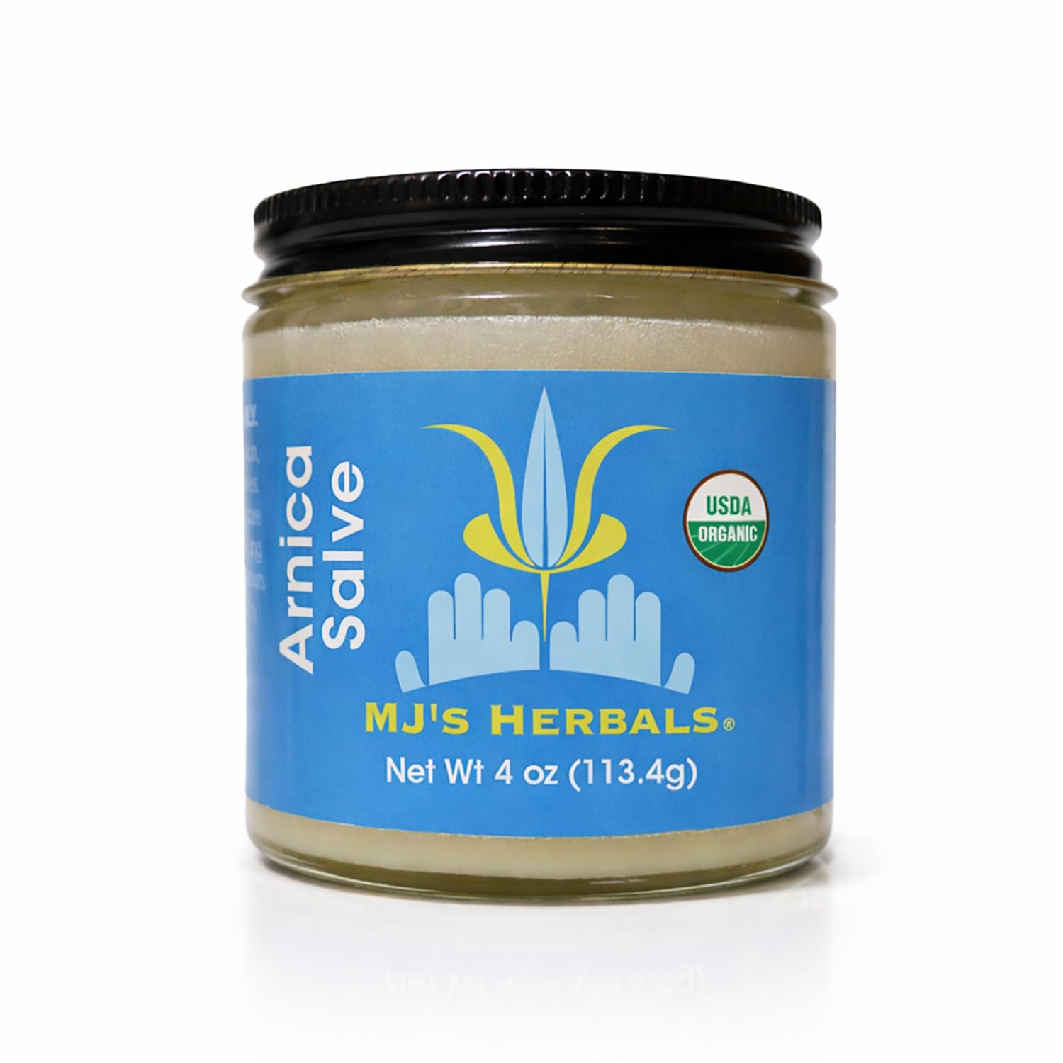 MJ's Herbals arnica salve jar close-up for daily skin comfort