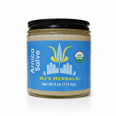 MJ's Herbals arnica salve jar close-up for daily skin comfort