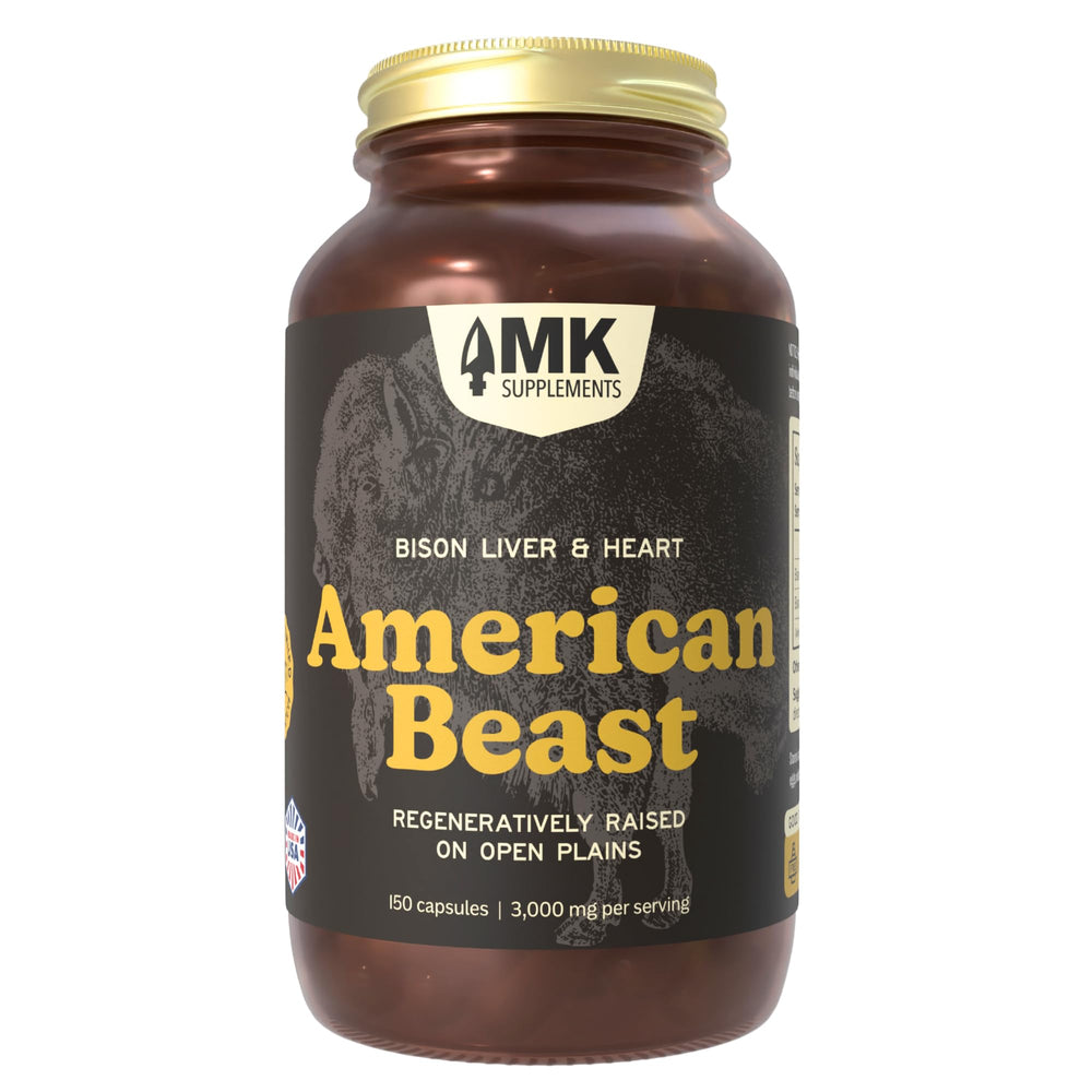 MK Supplements American Beast bottle front, highlighting bison liver and heart