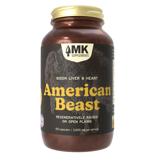 MK Supplements American Beast bottle front, highlighting bison liver and heart