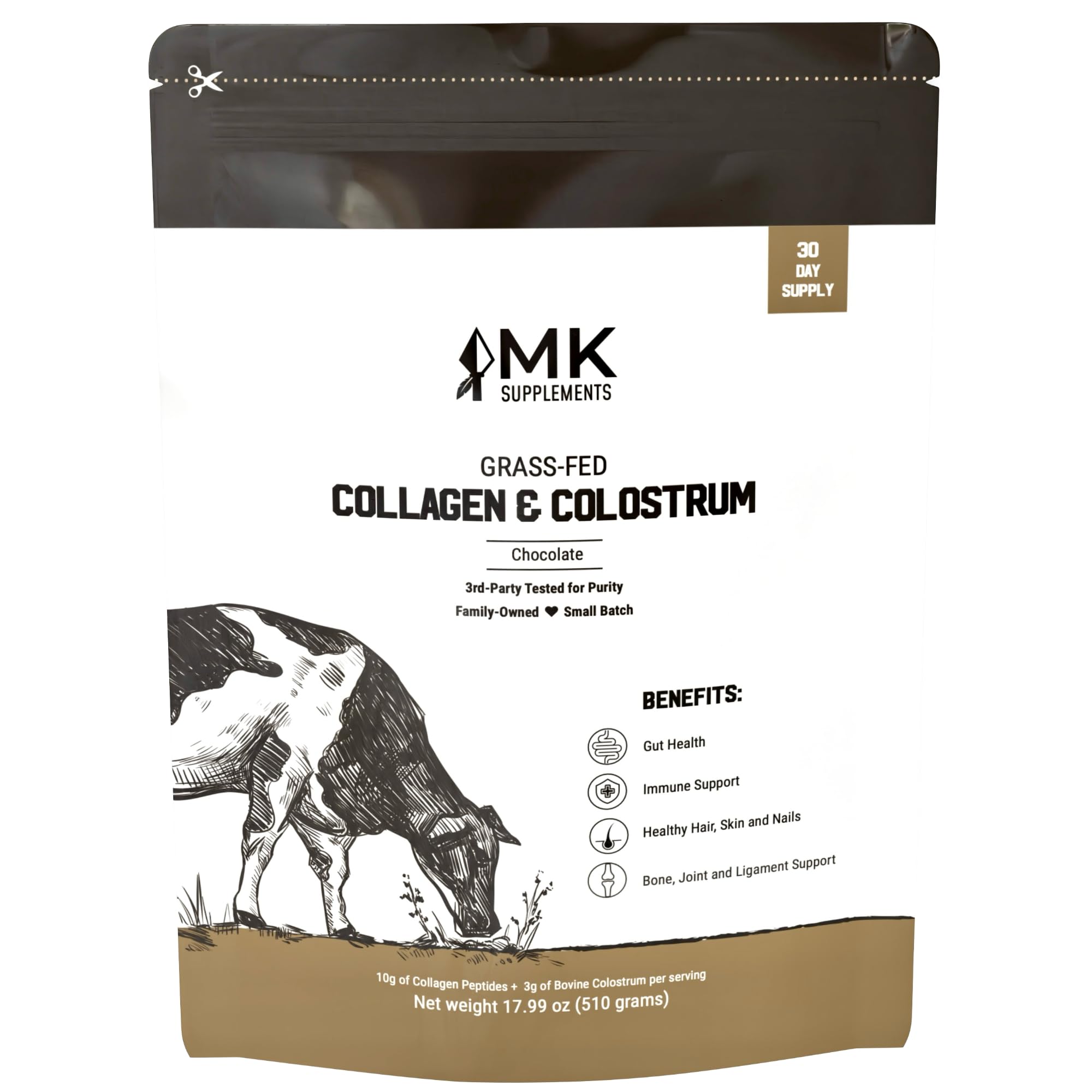 MK Supplements Collagen & Colostrum bottle with chocolate flavor for daily nourishment.