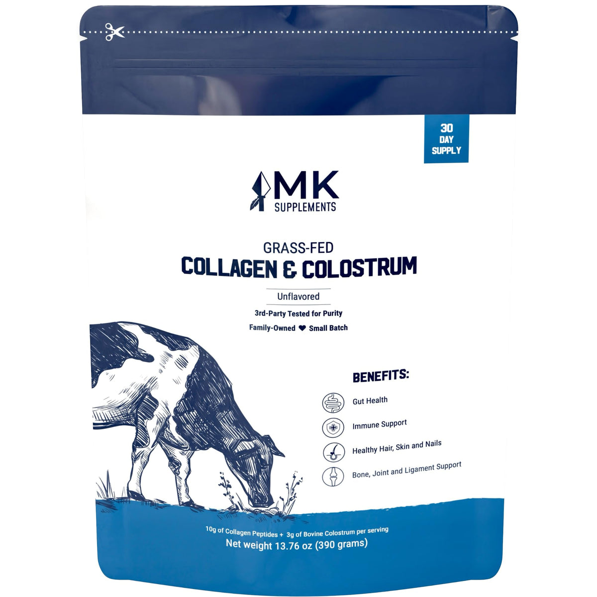 MK Supplements Collagen & Colostrum bottle pour shows a clean, grass-fed formula for daily vitality