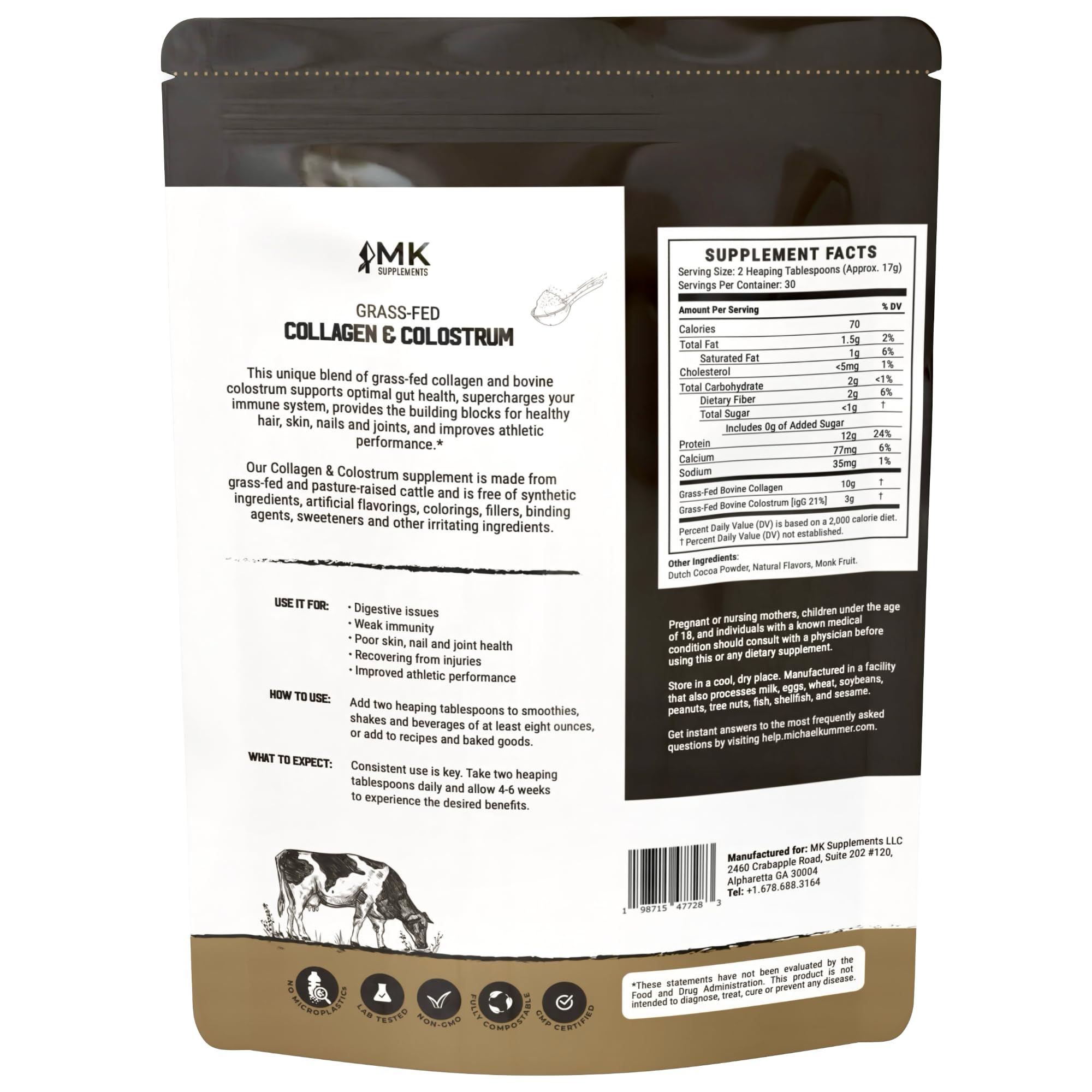 MK Supplements Collagen & Colostrum dissolving in coffee for a chocolate boost.